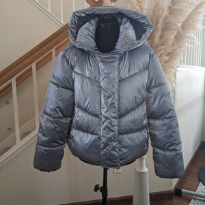 Silver Puffer Jacket with Hood